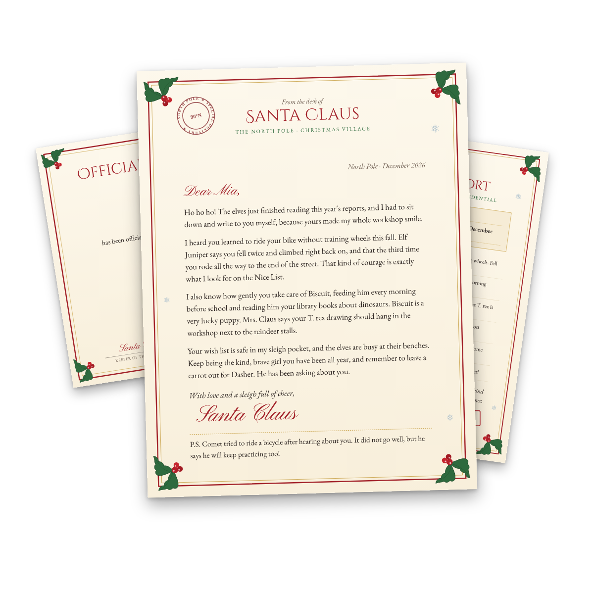 A personalized letter from Santa with a Nice List certificate and an Elf Report